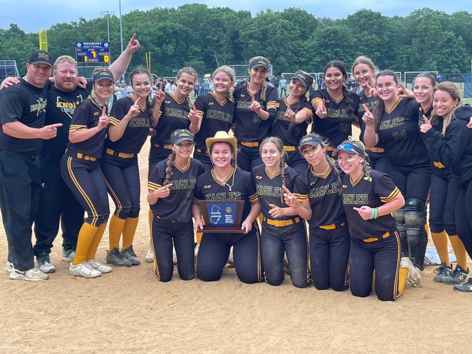 Morris Knolls softball celebrates its first sectional championship since 2017, winning the North 1, Group 3 final at Roxbury on June 3, 2023.