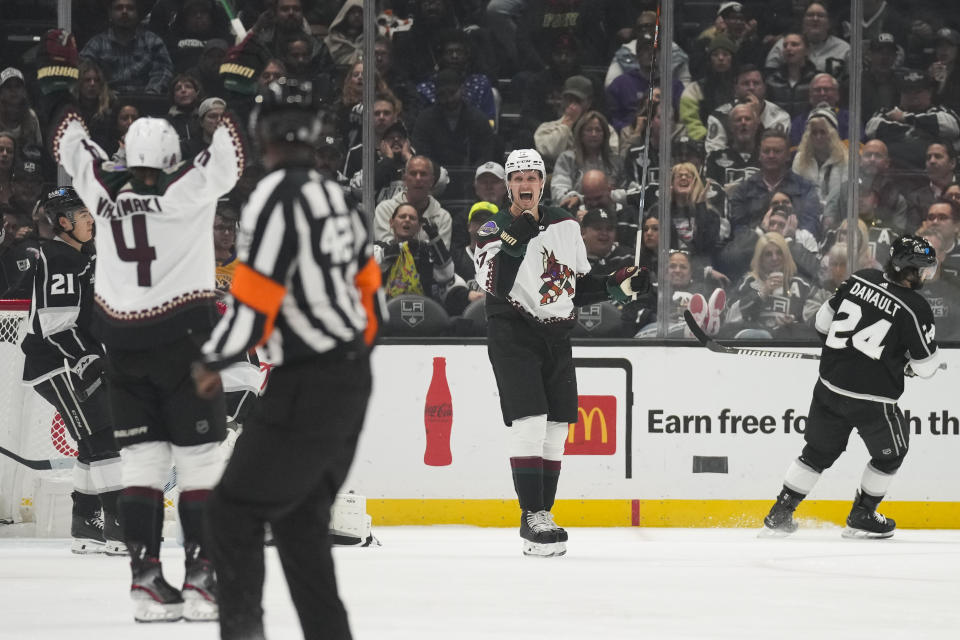 Arizona Coyotes center Nick Bjugstad (17) celebrates after scoring during the second period of an NHL hockey game against the Los Angeles Kings Tuesday, Oct. 24, 2023, in Los Angeles. (AP Photo/Ashley Landis)