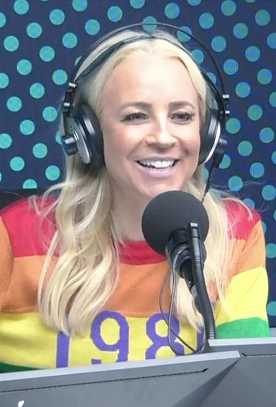 Carrie Bickmore in a multicoloured jumper on The Carrie and Tommy Show