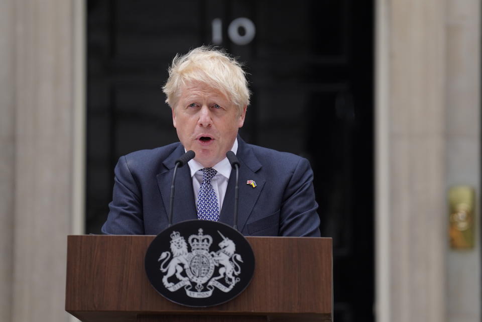 Prime Minister Boris Johnson reads a statement outside 10 Downing Street, London, formally resigning as Conservative Party leader after ministers and MPs made clear his position was untenable. He will remain as Prime Minister until a successor is in place. Picture date: Thursday July 7, 2022.