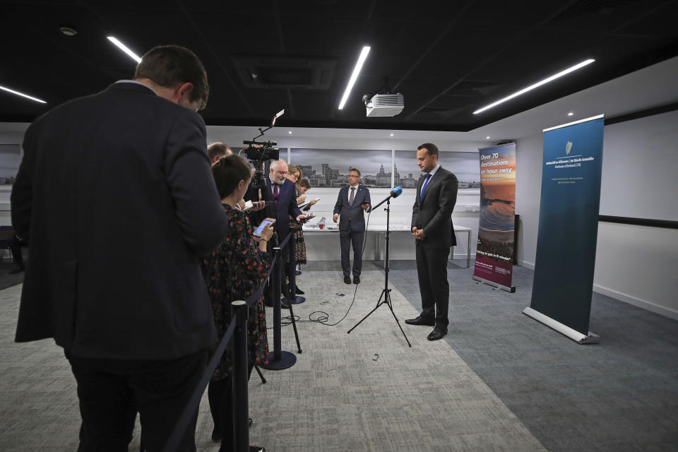 Ireland's Taoiseach Leo Varadkar speaks to the media following private talks with Britain's Prime Minister Boris Johnson, at Liverpool Airport, England, Thursday, Oct. 10, 2019. The leaders of Britain and Ireland said they spotted a "pathway" to an elusive Brexit deal as hopes for a breakthrough dimmed before the U.K.'s Oct. 31 deadline to leave the European Union. The two said in a joint statement they "agreed that they could see a pathway to a possible deal." (Peter Byrne/PA via AP)