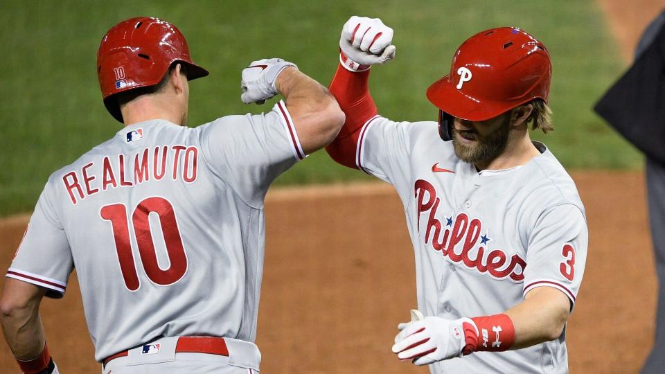 Mandatory Credit: Photo by Nick Wass/AP/Shutterstock (10787257l)Philadelphia Phillies' Bryce Harper (3) celebrates his home run with J.