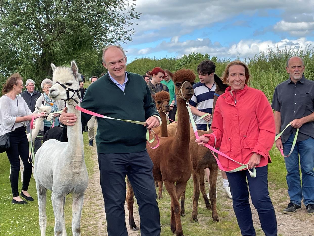 Liberal Democrat leader Sir Ed Davey and Liberal Democrat Parliamentary candidate for North Shropshire Helen Morgna at Clivewood Farm in North Shropshire, while on the General Election campaign trail (Matthew Cooper/PA Wire)