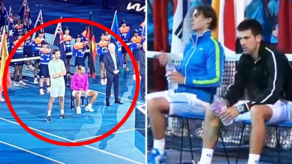 Rafa Nadal (pictured left) sitting during the 2022 Australian Open presentation and (pictured right) sitting next to Novak Djokovic in 2012. which was reminiscent of scenes from his loss to Novak Djokovic during 2012. (Images: Twitter/Channel 7)