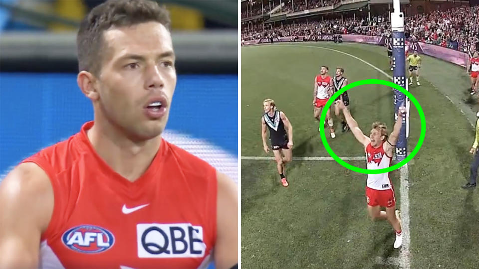 Ollie Florent reacts after his after-the-siren shot fell short on the left, while Callum Mills is highlighted celebrating on the right.