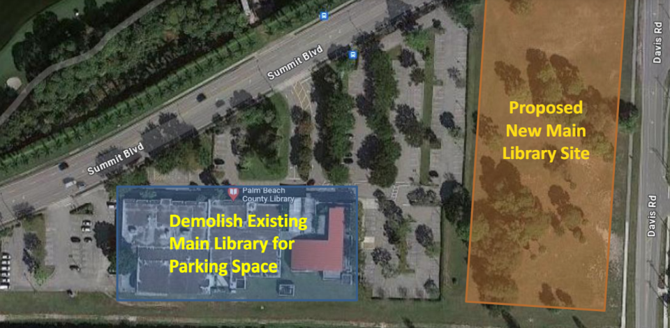 Map shows that existing main library would be torn down and turned into a parking lot to serve patrons of the new and much larger library off Summit Boulevard.