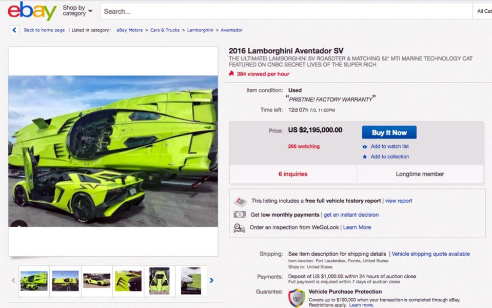 lime green Lamborghini Aventador SV Roadster and MTI Super Veloce speedboat for auction on Ebay - Caters News Agency
