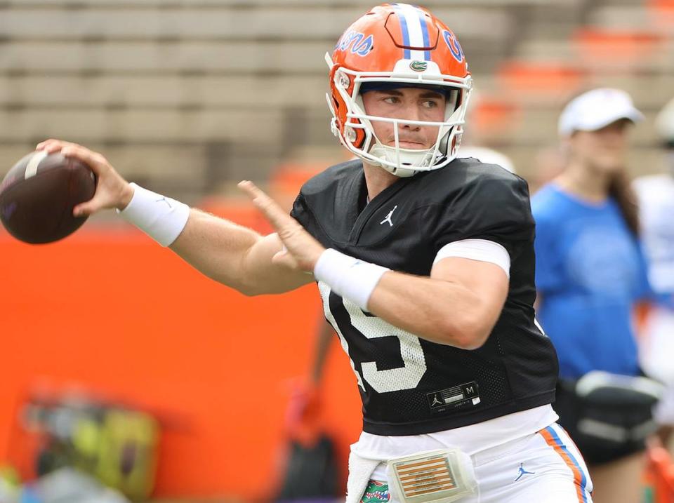 Florida quarterback Graham Mertz throws during a scrimmage at Ben Hill Griffin Stadium on March 28, 2023, in Gainesville, Florida. (Stephen M. Dowell/Orlando Sentinel/TNS)