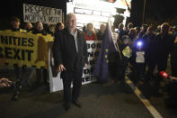 Protesters from the Border Communities Against Brexit group hold a demonstration on the Irish border on the Republic of Ireland side close to the town of Jonesborough, Ireland, Wednesday, Oct. 16 , 2019. The Border Communities Against Brexit group organised various protests at many points across the border region Wednesday. (AP Photo/Peter Morrison)