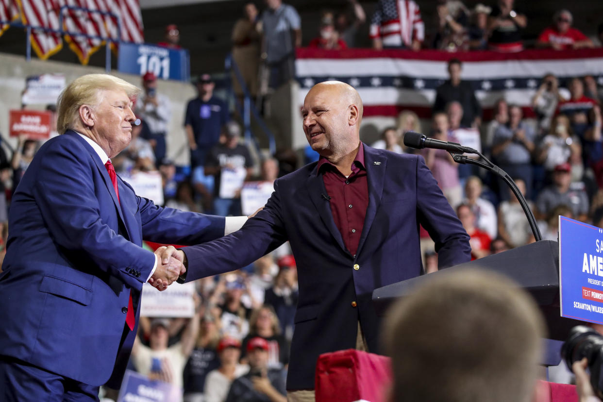 Image; Pennsylvania Republican gubernatorial candidate Doug Mastriano is greeted by former president Donald Trump at a rally on Sept. 3, 2022 in Wilkes-Barre, Pennsylvania. (Spencer Platt / Getty Images file)