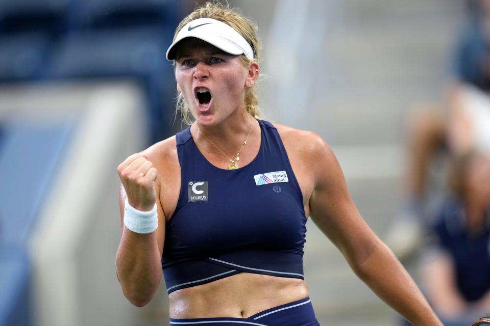 Peyton Stearns celebrates a point during last year's run to the fourth round of the U.S. Open against the Czech Republic's Marketa Vondrousova. Stearns, the former Texas Longhorns national champion, is ranked No. 61 in the world.