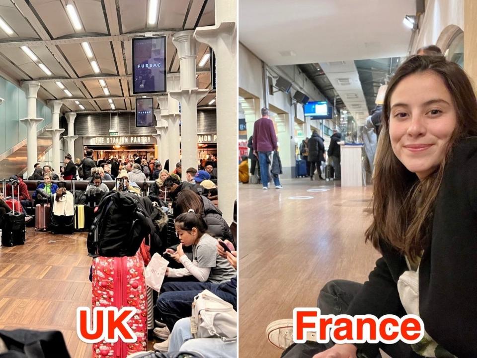 The author waiting to board the train in London (L) and in Paris (R).