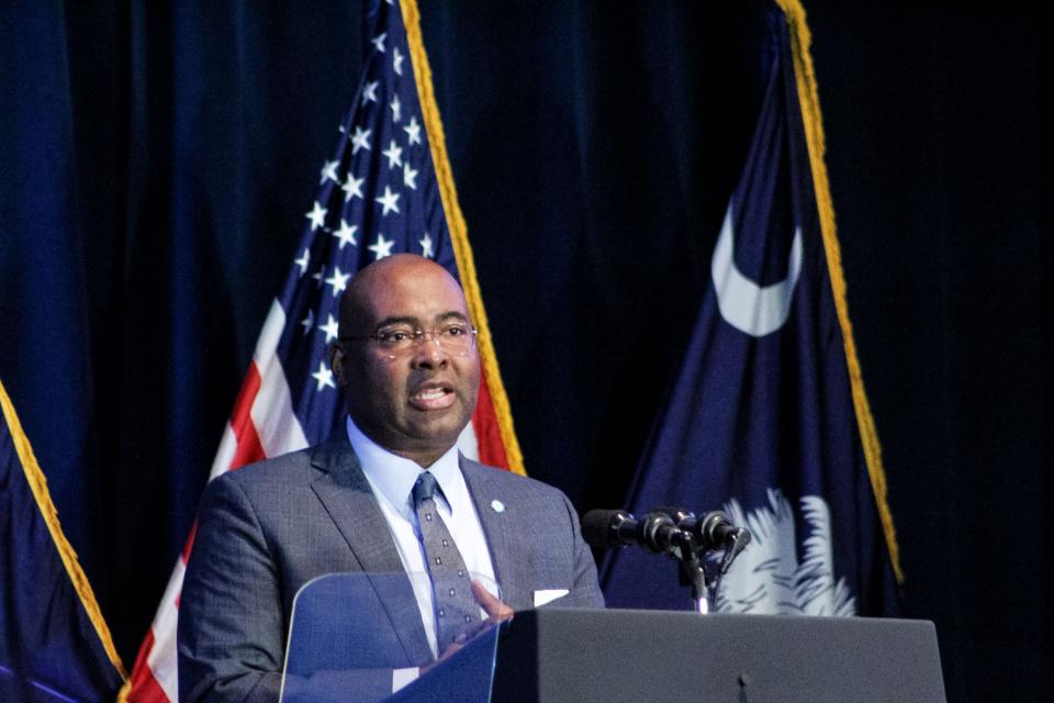 Democratic National Convention Chair Jaime Harrison speaks at the First-in-the-Nation dinner on Jan. 27 in Columbia, S.C. ahead of the state's Democratic primary on Feb. 3.