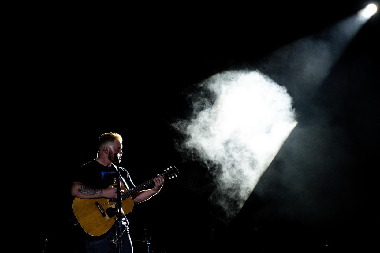 Zach Bryan performs during day two of Hinterland in St. Charles.