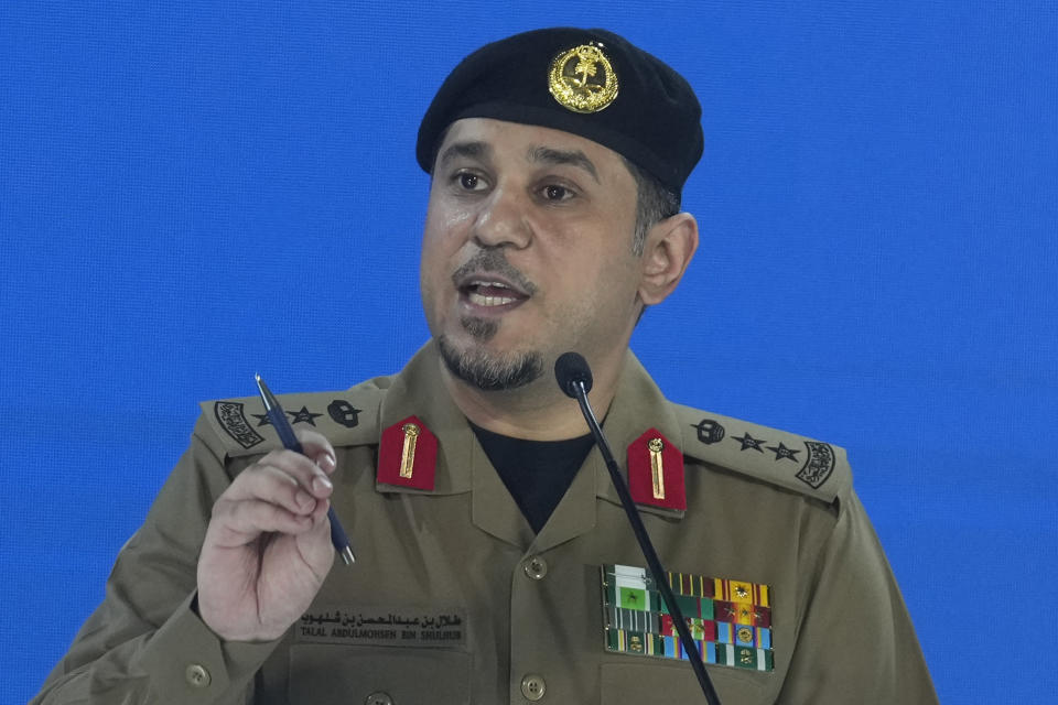 Lieutenant Colonel Talal Al-Shalhoub, security spokesperson of the Interior Ministry, speaks during a press conference for the annual Hajj pilgrimage in Mecca, Saudi Arabia,Friday, June 14, 2024. Hajj is the annual Islamic pilgrimage to Mecca in Saudi Arabia that is required once in a lifetime of every Muslim who can afford it and is physically able to make it. Some Muslims make the journey more than once. (AP Photo/Rafiq Maqbool)