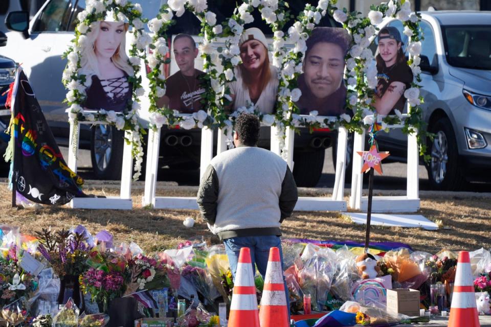 A makeshift memorial to Club Q victims was constructed in Colorado Springs following the November attack near the shooting site (Copyright 2022 The Associated Press. All rights reserved.)