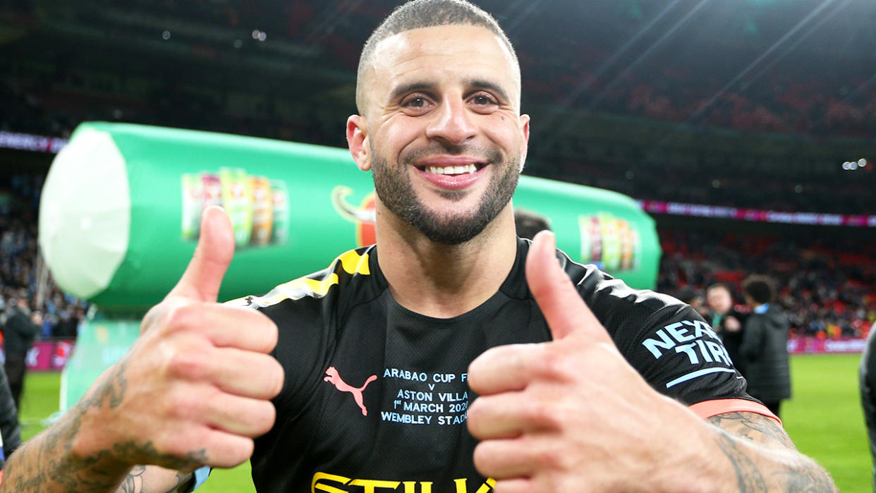 Kyle Walker, pictured here celebrating after Manchester City's victory in the Carabao Cup Final in March.