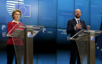 European Council President Charles Michel, right, and European Commission President Ursula von der Leyen participate in a media conference at the end of an EU summit in Brussels, Friday, Feb. 21, 2020. Major contributors to the European Union's budget blocked progress at an emergency summit on Friday, insisting that they would not stump up more funds for the bloc's next long-term spending package. (AP Photo/Virginia Mayo)