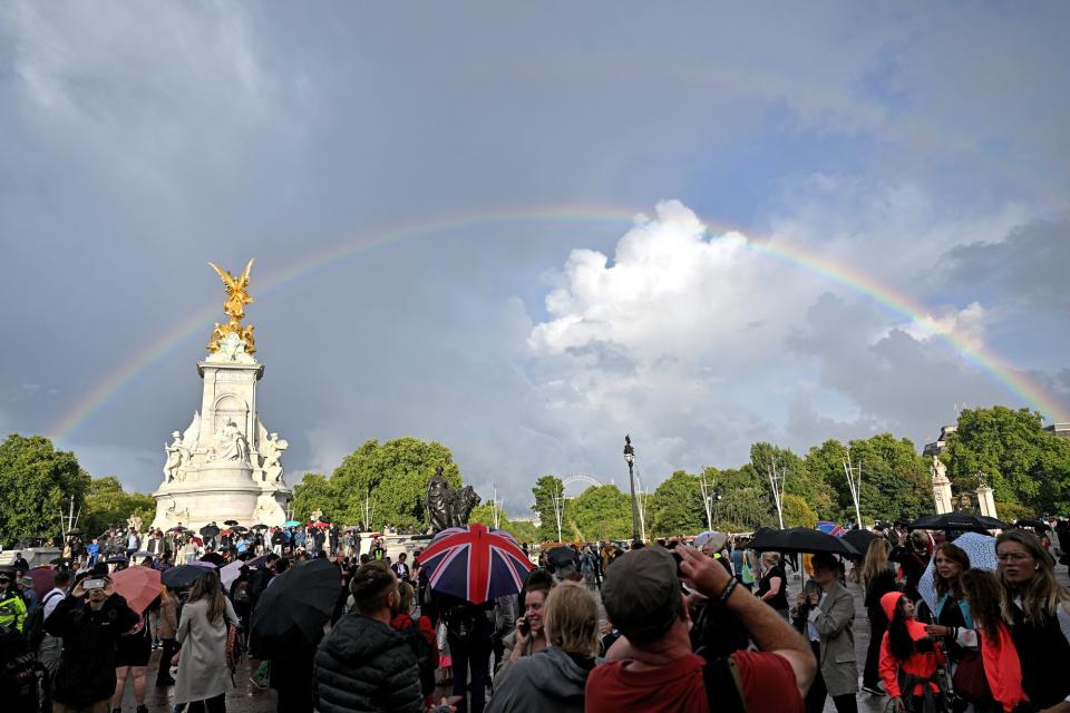 A rainbow fills the sky outside of Buckingham Palace on September 08, 2022 in London, England. Buckingham Palace issued a statement earlier today saying that Queen Elizabeth was placed under medical supervision due to concerns about her health.