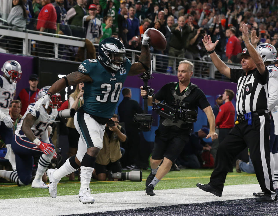 Feb 4, 2018; Minneapolis, MN, USA; Philadelphia Eagles running back Corey Clement (30) celebrates his third quarter touchdown against the New England Patriots in Super Bowl LII at U.S. Bank Stadium. Mandatory Credit: Matthew Emmons-USA TODAY Sports