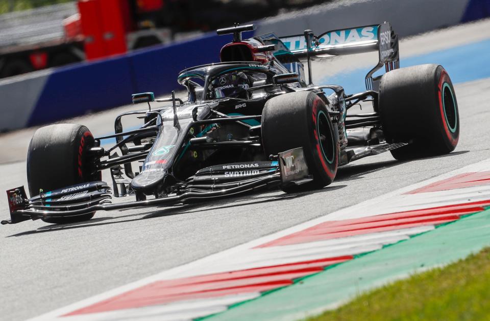 Mercedes' British driver Lewis Hamilton steers his car during the Formula One Styrian Grand Prix race on July 12, 2020 in Spielberg, Austria. (Photo by Darko Bandic / POOL / AFP) (Photo by DARKO BANDIC/POOL/AFP via Getty Images)