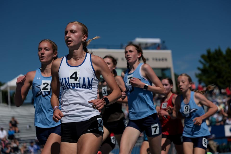 Runners compete in the 6A girls 3,200-meter finals at the Utah high school track and field championships at BYU in Provo on Thursday, May 18, 2023. | Spenser Heaps, Deseret News