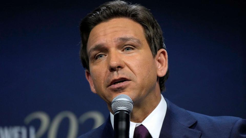 PHOTO: Republican presidential candidate Florida Gov. Ron DeSantis speaks during the Family Leadership Summit, July 14, 2023, in Des Moines, Iowa. (Charlie Neibergall/AP, FILE)