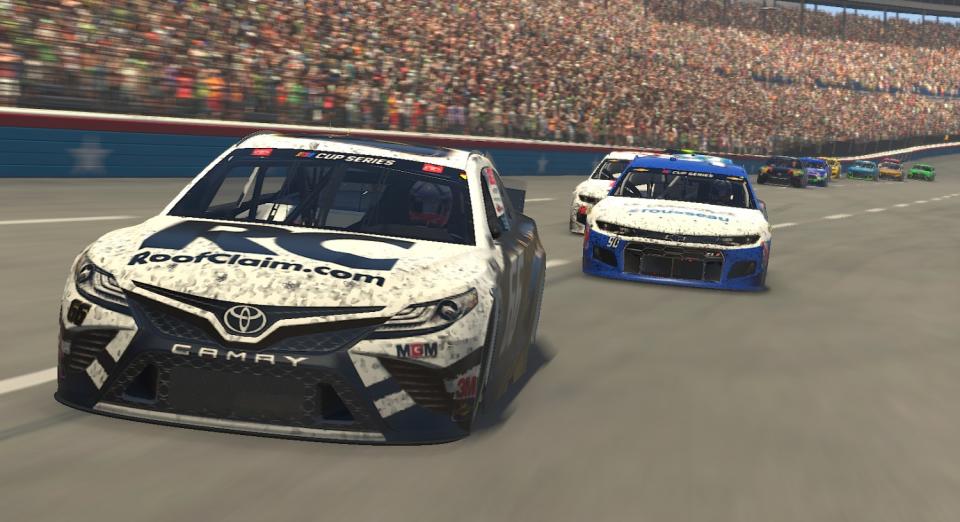 Timmy Hill, driver of the Roofclaim.com Toyota, won the eNASCAR event at virtual Texas Motor Speedway on March 29, 2020.