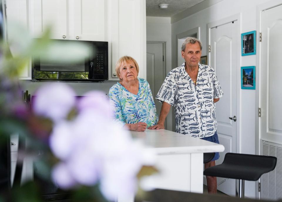 Charles and Julie Fox pose for a photo at their new Moorhead Manor manufactured home in Naples on Tuesday, Aug. 22, 2023.