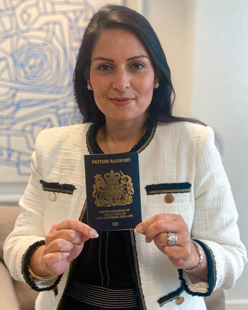 Priti Patel with the new ‘iconic’ blue passport.