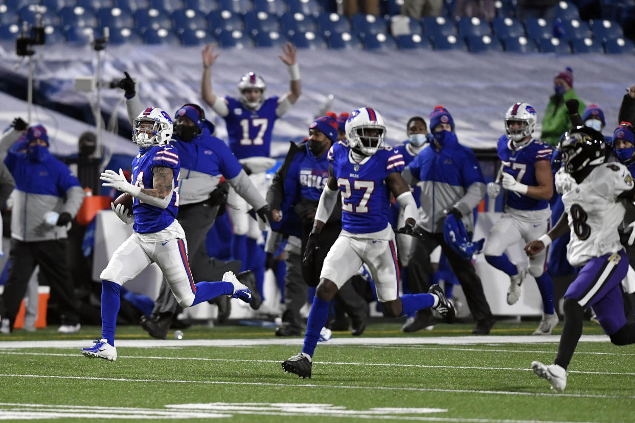 One Lamar Jackson mistake turned into a 14-point swing for the Bills. (AP Photo/Adrian Kraus)