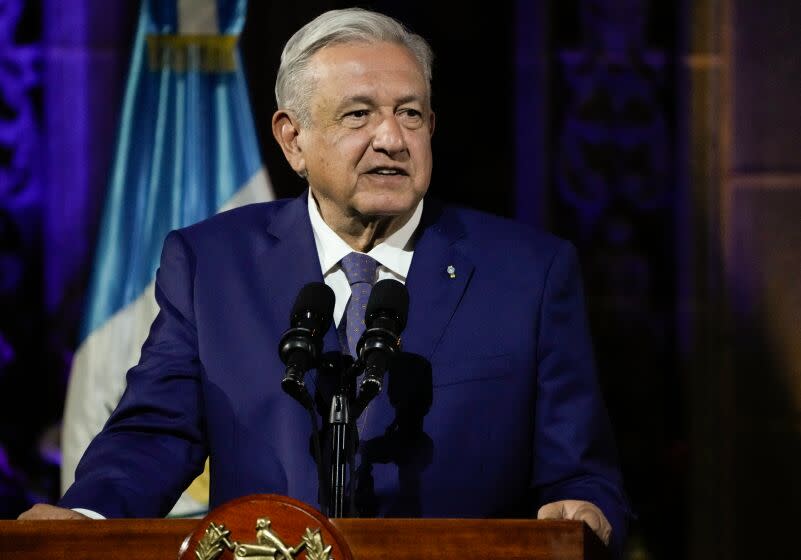 Mexico's President Andres Manuel Lopez Obrador speaks during a joint statement with Guatemalan President Alejandro Giammattei