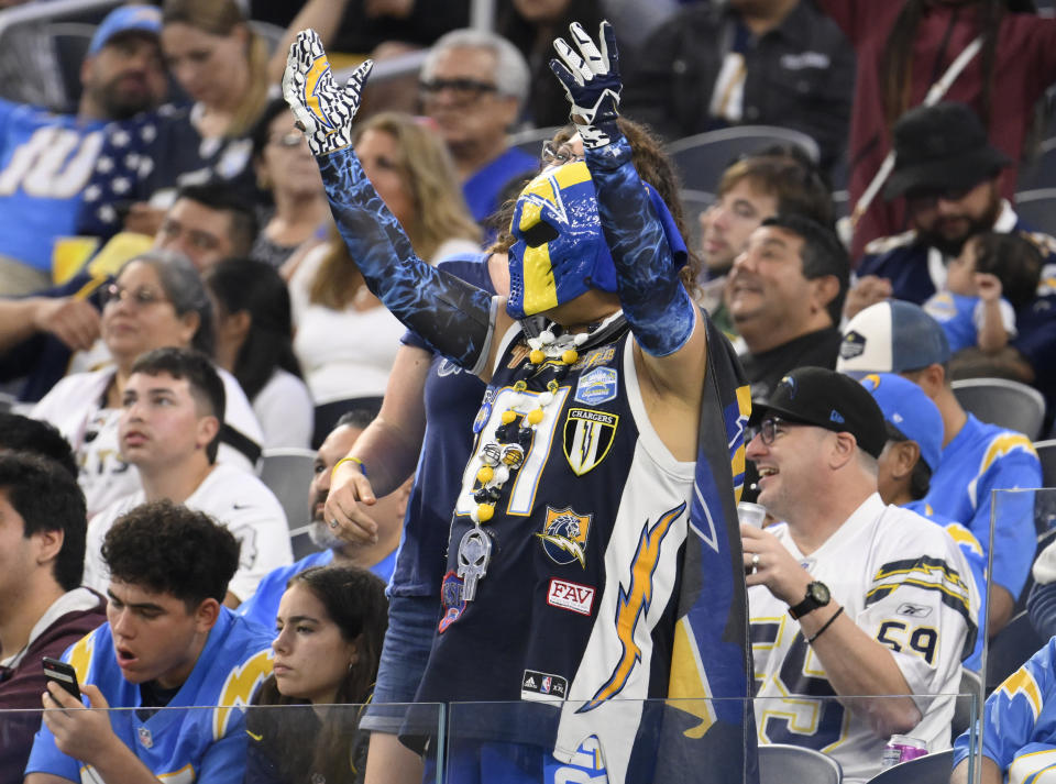 Aug 20, 2023; Inglewood, California, USA; a costumed Los Angeles Chargers fan during the second half against the New Orleans Saints at SoFi Stadium. Mandatory Credit: Robert Hanashiro-USA TODAY Sports