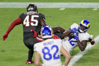 Los Angeles Rams wide receiver Van Jefferson (12) beats Tampa Bay Buccaneers inside linebacker Lavonte David (54) to score on a 7-yard touchdown reception during the first half of an NFL football game Monday, Nov. 23, 2020, in Tampa, Fla. (AP Photo/Mark LoMoglio)