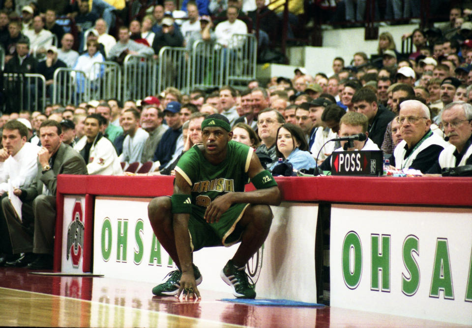 CINCINNATI – MARCH 21: LeBron James of St Vincent-St. Mary high shool plays against the Poland Seminary High School Bulldogs at the Ohio state high school basketball championships on March 21, 2002 in Cincinnati, Ohio. (Photo by Stephen Albanese/Michael Ochs Archives/Getty Images)