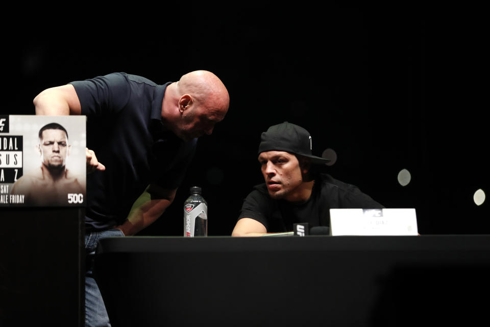 NEW YORK, NEW YORK - SEPTEMBER 19: Dana White talks to Nate Diaz during a press conference ahead of UFC 244 at The Rooftop at Pier 17 on September 19, 2019 in New York City. (Photo by Michael Owens/Zuffa LLC/Zuffa LLC)