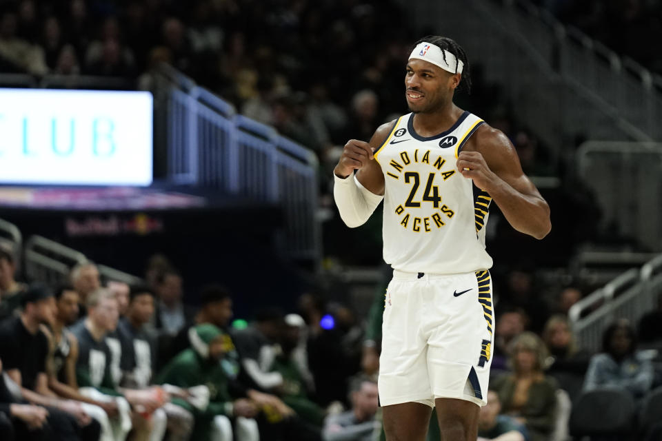 Indiana Pacers' Buddy Hield reacts during the first half of an NBA basketball game against the Milwaukee Bucks, Monday, Jan. 16, 2023, in Milwaukee. (AP Photo/Aaron Gash)