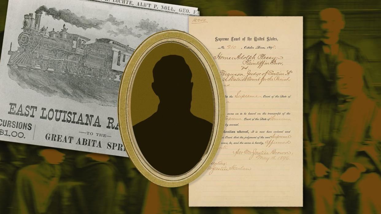 silhouette of man, east louisiana railroad company ad, plessy vs ferguson supreme court document