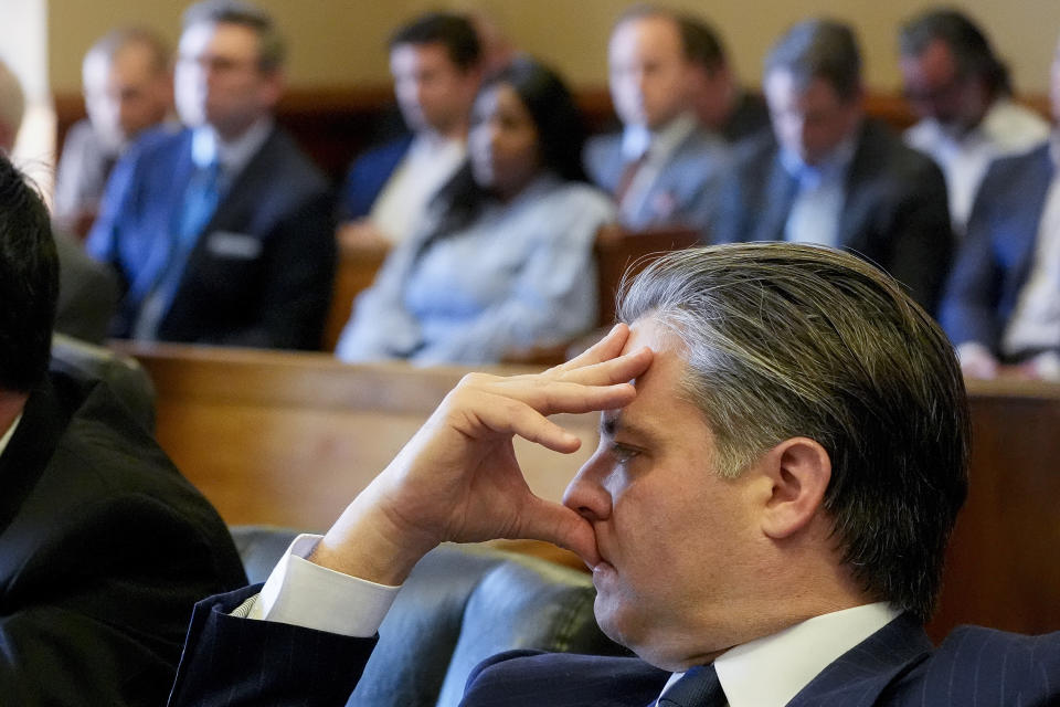 Attorney Russell Nobile, representing the Tenn. Firearms Association, listens during a hearing to decide whether the journals of the Covenant School shooter can be released to the public Tuesday, April 16, 2024, in Nashville, Tenn. (AP Photo/George Walker IV)