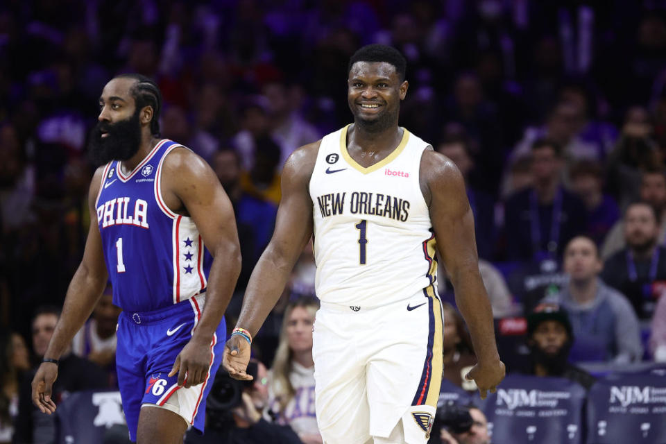 Zion Williamson #1 of the New Orleans Pelicans reacts during the third quarter against the Philadelphia 76ers at Wells Fargo Center on January 02, 2023 in Philadelphia, Pennsylvania. (Photo by Tim Nwachukwu/Getty Images)