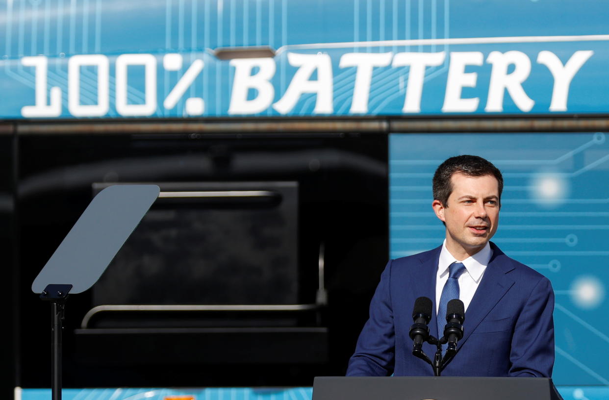 U.S. Transportation Secretary Pete Buttigieg speaks during a visit at the Charlotte Area Transit System facility, in Charlotte, North Carolina, U.S. December 2, 2021. REUTERS/Chris Keane