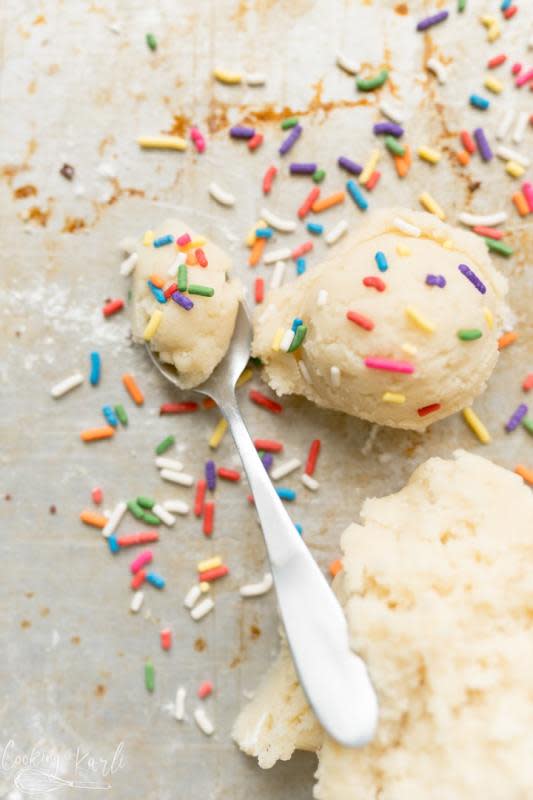 <p>sugar cookie dough</p><p>Sugar cookie dough without the eggs, so it is meant for eating!! Satisfy your sweet tooth in about 5 minutes with this recipe!</p><p><strong>Get the recipe: <a href="https://cookingwithkarli.com/egg-free-sugar-cookie-dough/" rel="nofollow noopener" target="_blank" data-ylk="slk:Egg-Free Sugar Cookie Dough;elm:context_link;itc:0;sec:content-canvas" class="link rapid-noclick-resp"><em>Egg-Free Sugar Cookie Dough</em></a></strong></p>