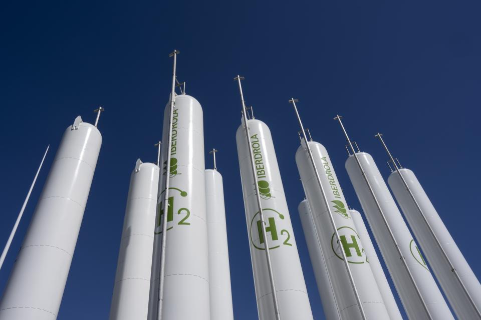 Hydrogen storage tanks are visible at the Iberdrola green hydrogen plant in Puertollano, central Spain, Tuesday, March 28, 2023. Spain wants to be a world leader in the production of "green" hydrogen, created exclusively from renewable energy drawn from its plentiful sun and wind. (AP Photo/Bernat Armangue)