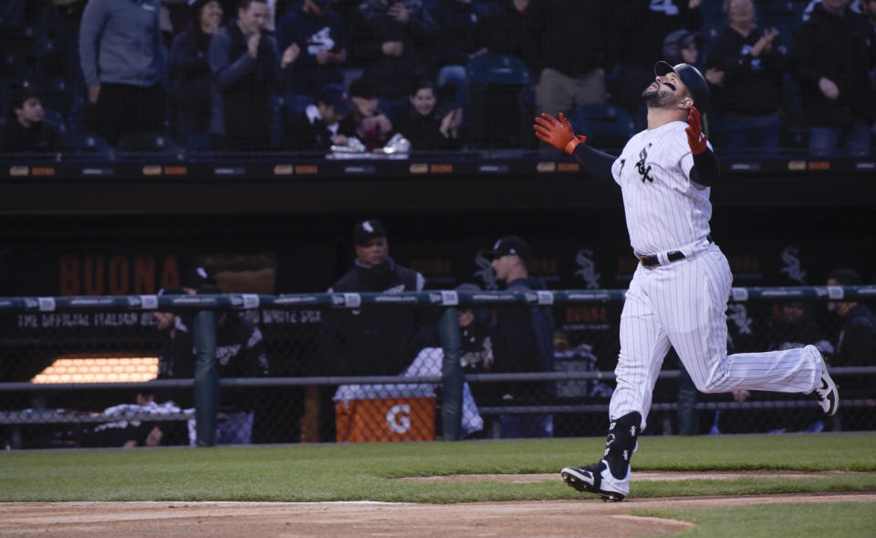 Chicago White Sox's Yonder Alonso celebrates his two run home run against the Baltimore Orioles during the second inning of a baseball game Monday, April 29, 2019, in Chicago. (AP Photo/Mark Black)