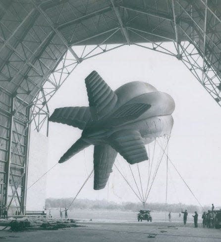 A Goodyear barrage balloon is tested in 1941 at the Wingfoot Lake hangar in Suffield Township.