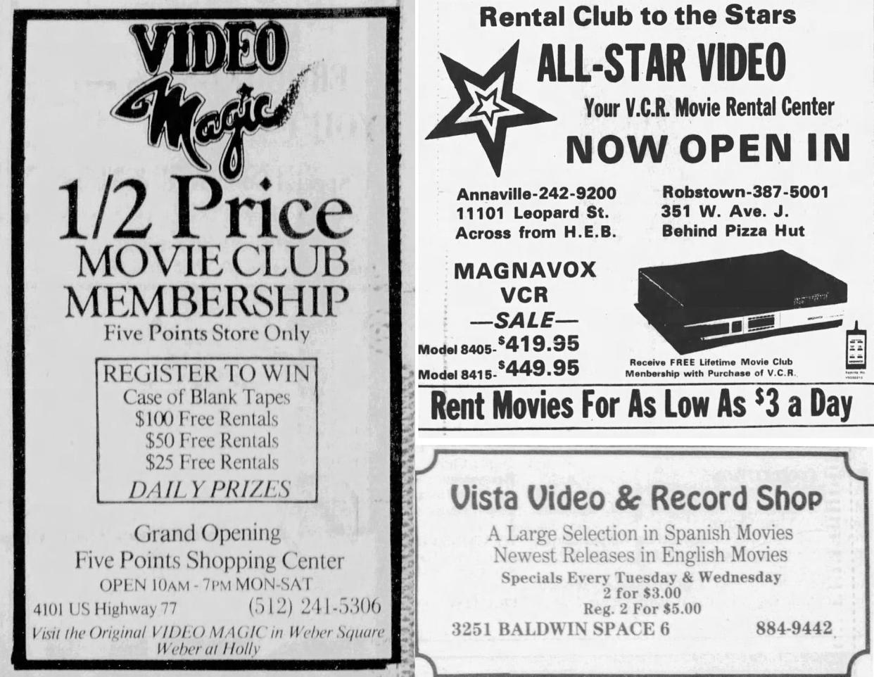 Video rental stores advertised in the Caller-Times during the 1980s, including Video Magic, All-Star Video and Vista Video.