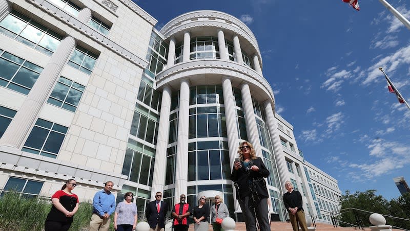 Utah Education Association President Renée Pinkney speaks at a press conference near the Matheson Courthouse in Salt Lake City on Wednesday, May 29, 2024. The UEA is announcing a lawsuit over the state's voucher program.