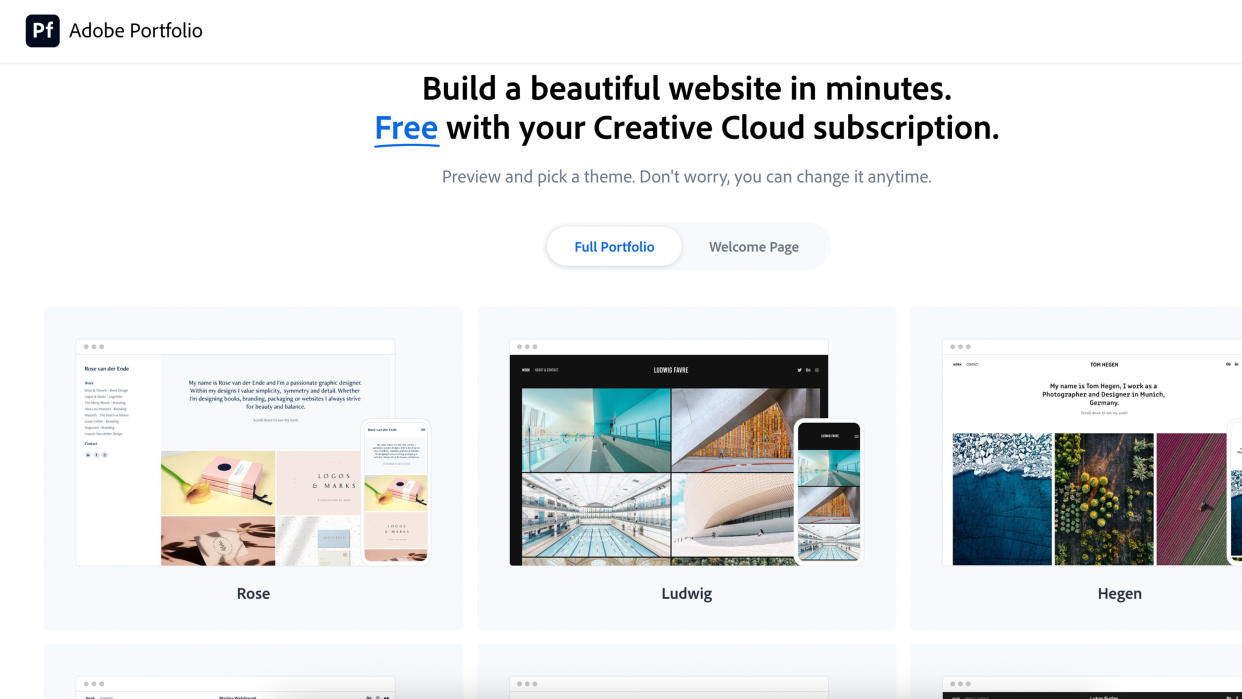  Screenshots from the Adobe Portfolio website builder. 