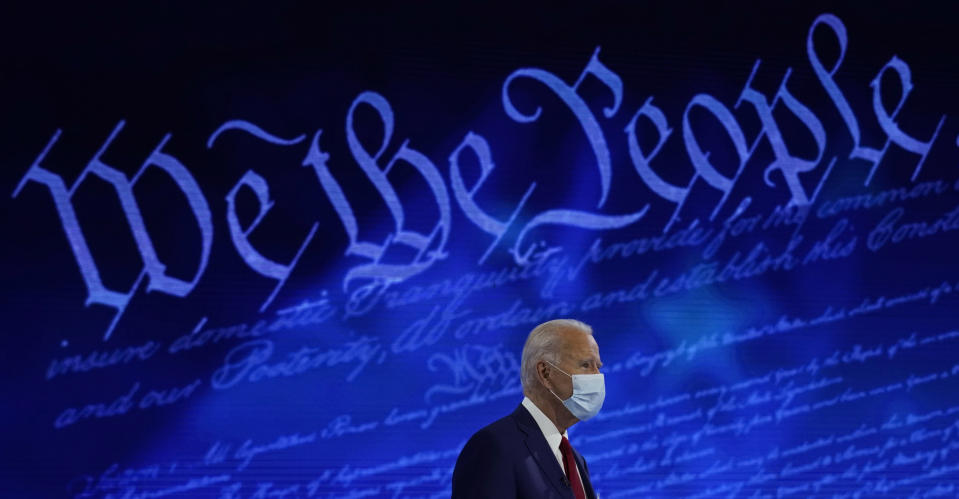 Democratic presidential candidate former Vice President Joe Biden participates in a town hall with moderator ABC News anchor George Stephanopoulos at the National Constitution Center in Philadelphia, Thursday, Oct. 15, 2020. (AP Photo/Carolyn Kaster)