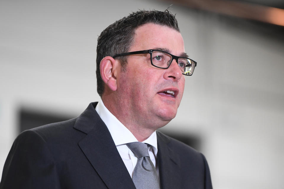 Victorian Premier Daniel Andrews addresses the media during a press conference at an Ambulance Victoria Station in Melbourne.